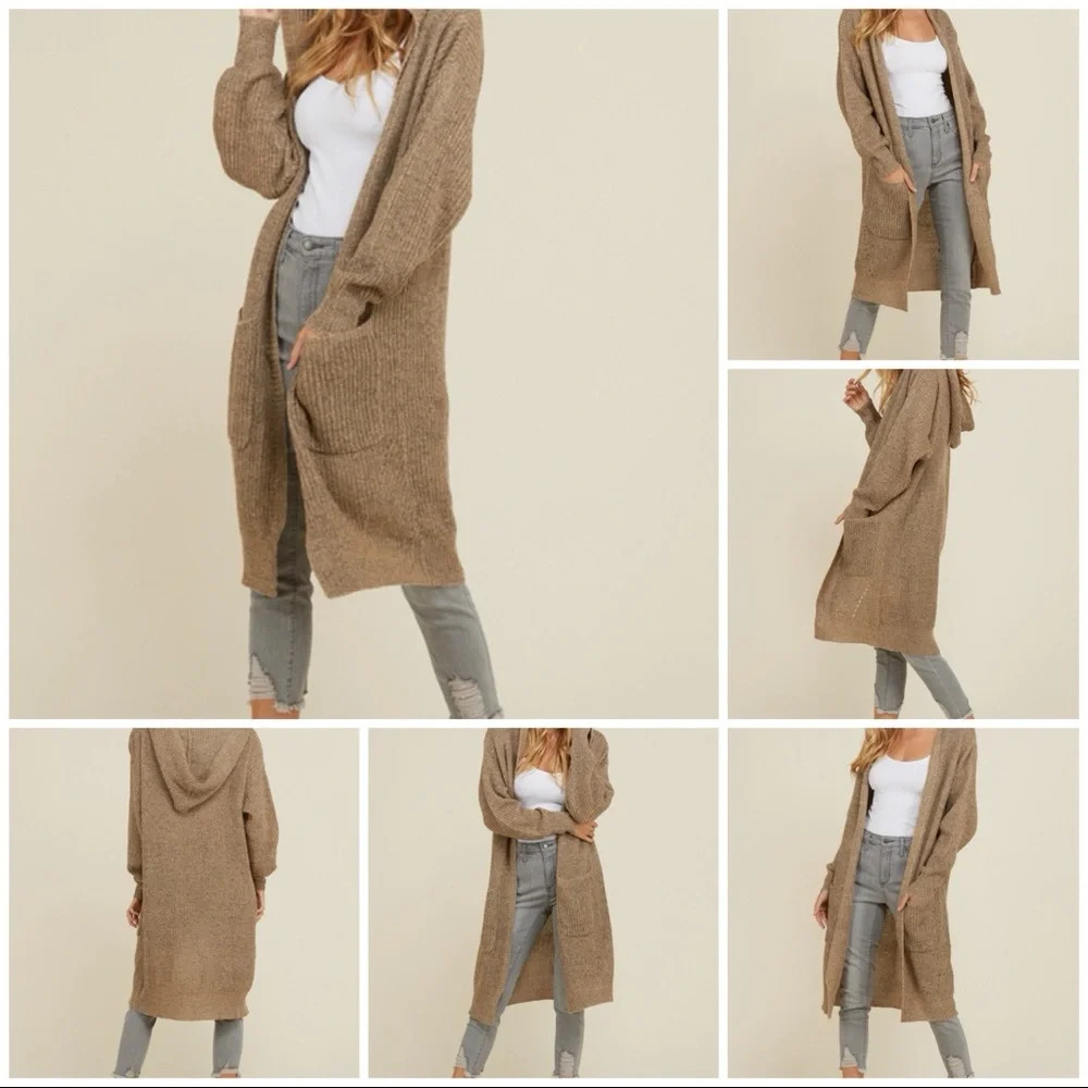 NWT annabelle boutique duster sweater Cardigan open front hooded pockets neutral